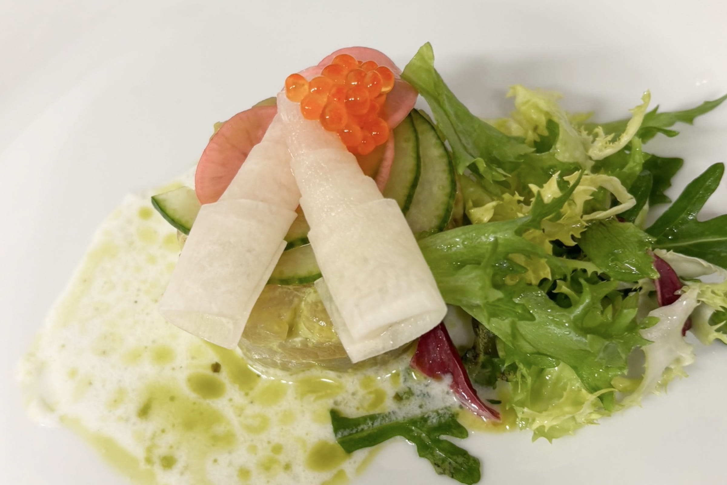 Vorspeisensalat mit grünen Blattsalaten, Gurkenscheiben, zwei weißen gerollten Gemüsestreifen, Lachs und orangen Fischrogen auf weißem Teller mit grüner Sauce.