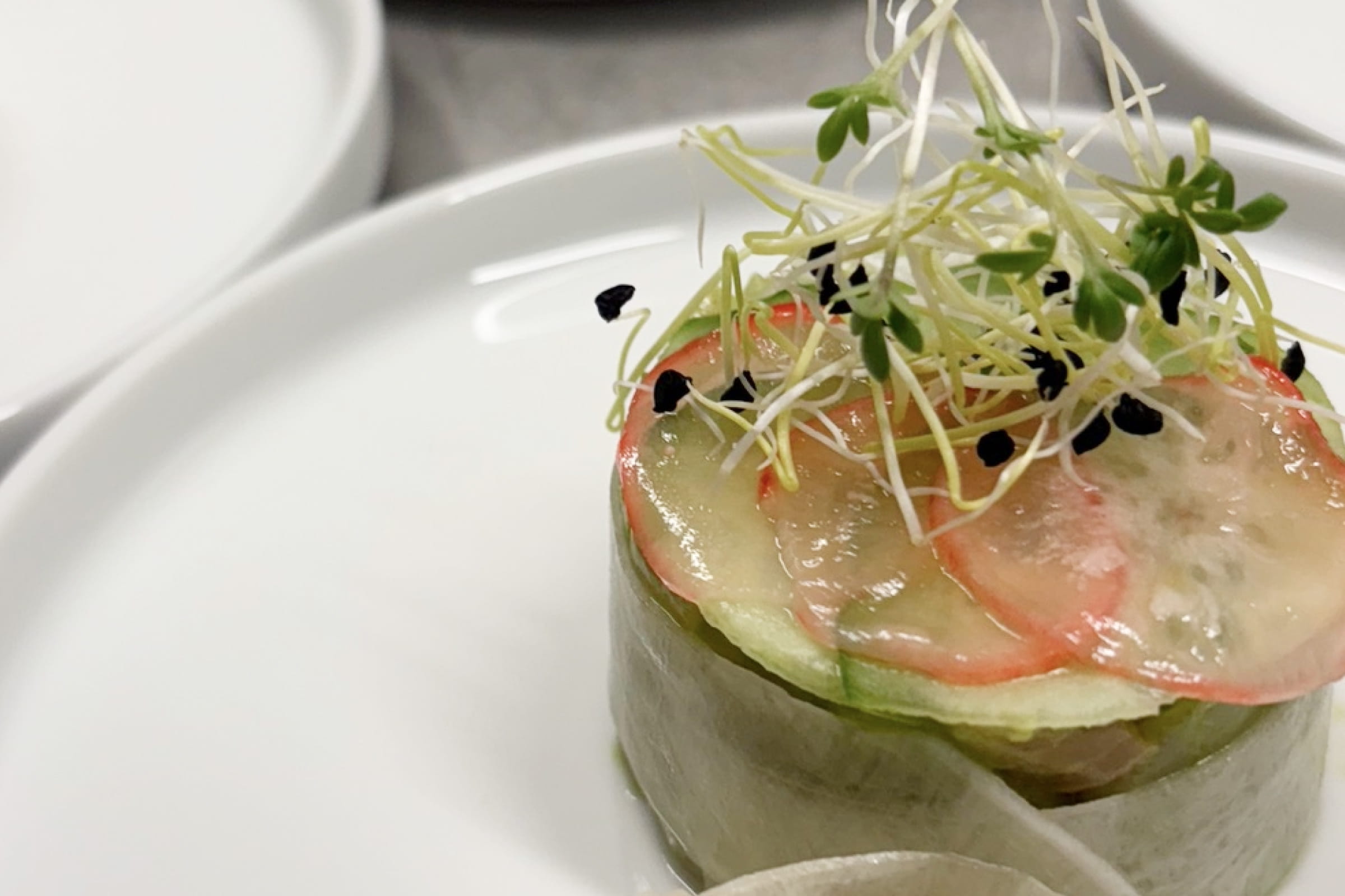 Kleine Vorspeise mit dünnen Gurkenscheiben, Tomatenscheiben, Sprossen und schwarzen Sesamkörnern auf weißem Teller.